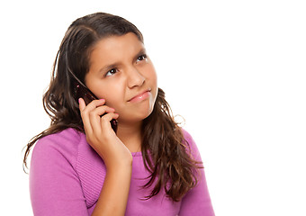 Image showing Frowning Hispanic Girl On Cell Phone