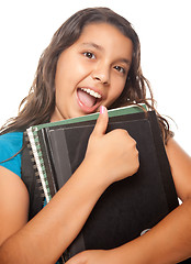 Image showing Pretty Hispanic Girl with Books and Backpack