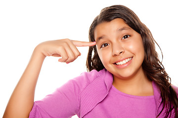 Image showing Pretty Hispanic Girl Pointing to Her Head 