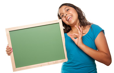 Image showing Pretty Hispanic Girl Holding Blank Chalkboard