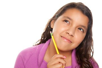 Image showing Pretty Hispanic Girl Thinking with Pencil