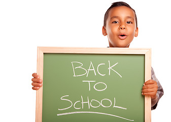 Image showing Cute Hispanic Boy Holding Chalkboard with Back to School