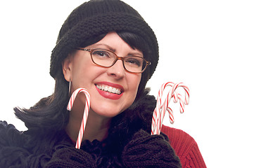 Image showing Attractive Woman Holds Candy Canes