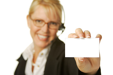 Image showing Beautiful woman Holding Blank Business Card