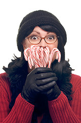 Image showing Attractive Woman Holds Candy Canes