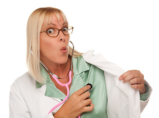 Image showing Attractive Female Doctor or Nurse Checking Her Own Heart