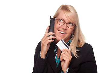 Image showing Beautiful Blonde Woman with Phone and Credit Card