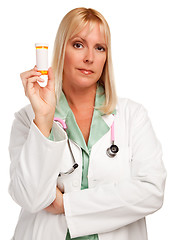 Image showing Attractive Female Doctor with Blank Prescription Bottle