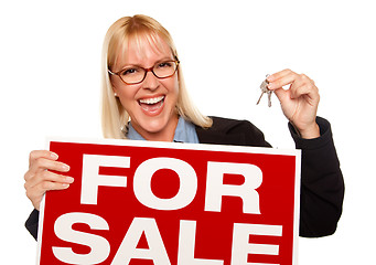Image showing Attractive Blonde Holding Keys & For Sale Sign