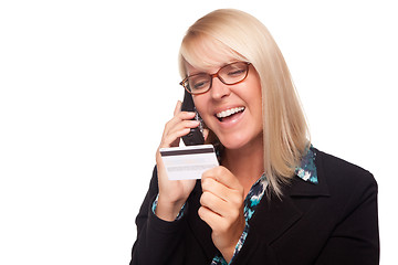 Image showing Beautiful Blonde Woman with Phone and Credit Card