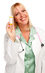 Image showing Attractive Female Doctor with Blank Prescription Bottle