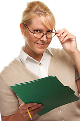 Image showing Beautiful Woman with Pencil and Folder 