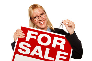 Image showing Attractive Blonde Holding Keys & For Sale Sign