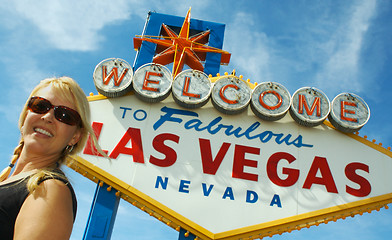 Image showing Attractive Woman in Front of Las Vegas Sign