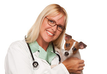 Image showing Attractive Female Doctor Veterinarian with Small Puppy