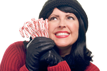 Image showing Attractive Woman Holds Candy Canes
