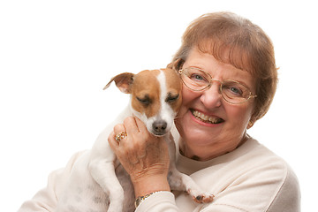 Image showing Happy Attractive Senior Woman with Puppy
