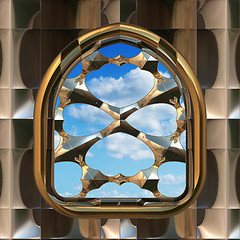 Image showing gothic or scifi window with blue sky