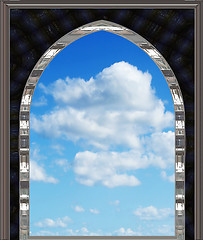 Image showing gothic or scifi window with blue sky