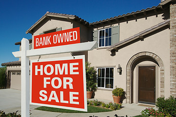 Image showing Bank Owned Home For Sale Sign in Front of New House