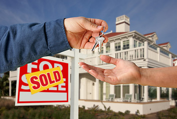 Image showing Handing Over the House Keys in Front of New Home