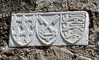 Image showing Shield on the walls of the Rhodes medieval fortress. Greece.