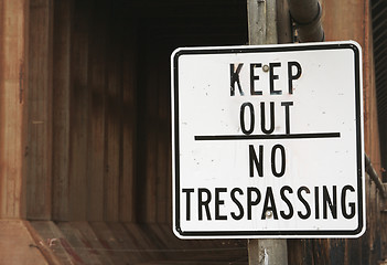 Image showing Keep Out Sign and Abandoned Building