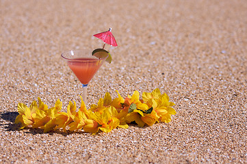 Image showing Tropical Drink on Beach Shoreline