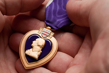 Image showing Man Holding Purple Heart War Medal