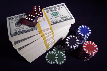 Image showing Hundred Dollar Bills, Red Dice & Poker Chips