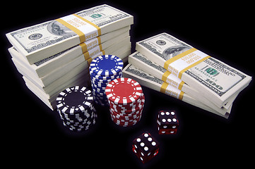 Image showing Hundred Dollar Bills, Red Dice & Poker Chips
