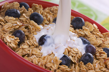 Image showing Bowl of Granola and Boysenberries and Milk