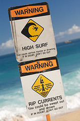 Image showing Surf and Currents Warning Sign