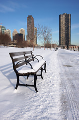 Image showing Empty Snowy Bench in Chicago