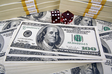 Image showing One Hundred Dollar Bills & Red Dice