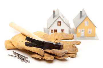 Image showing Hammer, Gloves, Nails and House