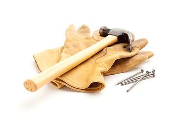 Image showing Hammer, Gloves and Nails