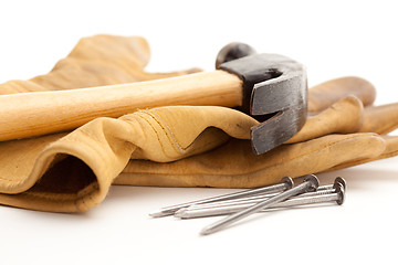 Image showing Hammer, Gloves and Nails
