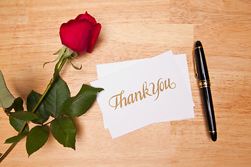 Image showing Thank You Card, Pen and Red Rose