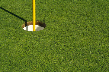 Image showing Lush, Freshly Mowed Golf Green & Flag