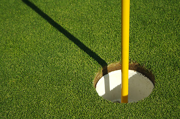 Image showing Lush, Freshly Mowed Golf Green & Flag