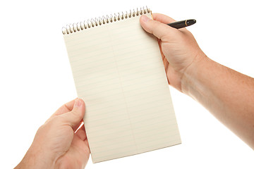 Image showing Male Hands Holding Pen and Pad of Paper