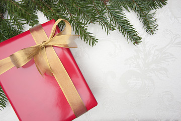 Image showing Silk Christmas Background with Gilf and Pine Branches