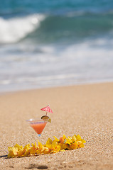 Image showing Tropical Drink on Beach Shoreline