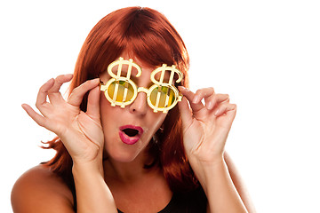 Image showing Red Haired Girl with Bling-Bling Dollar Glasses