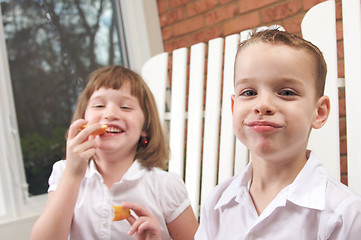 Image showing Sister and Brother Eating an Apple