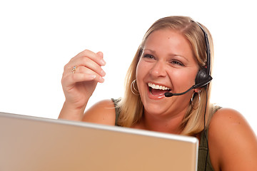 Image showing Attractive Customer Support Woman Laughs