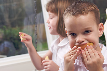 Image showing Sister and Brother Eating an Apple