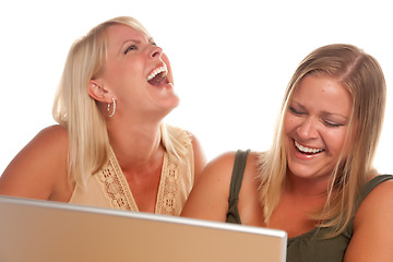 Image showing Two Laughing Women Using Laptop