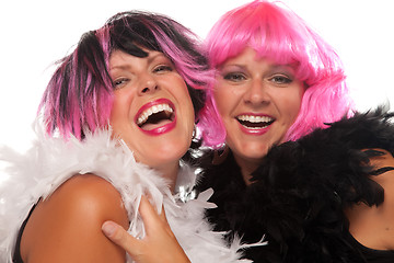 Image showing Portrait of Two Pink And Black Haired Smiling Girls